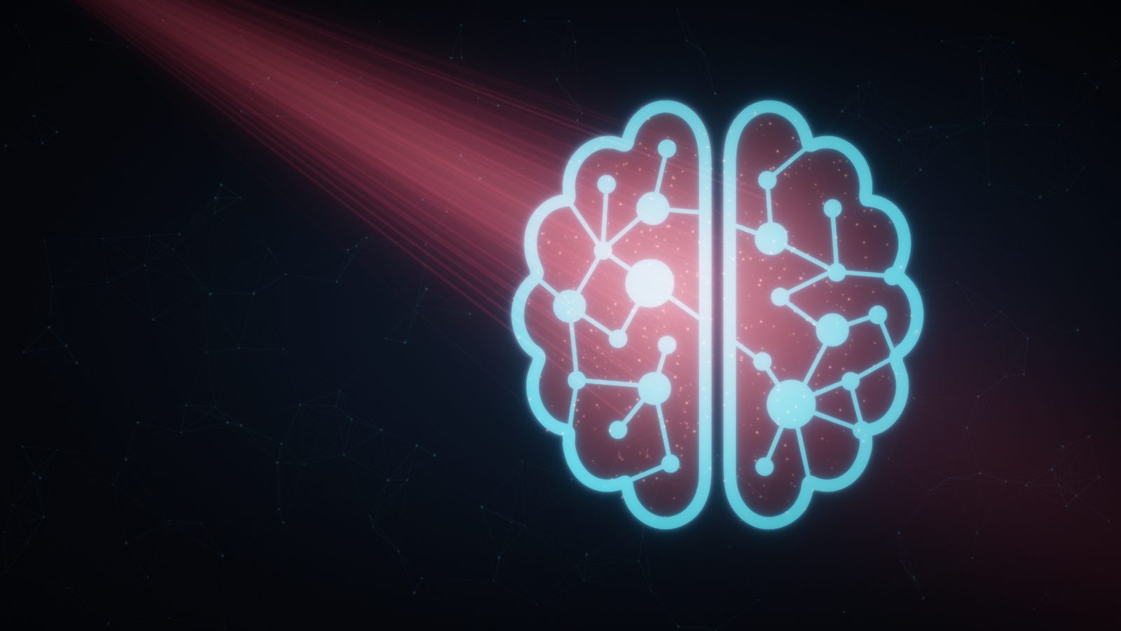 A glowing line drawing of a brain with a beam of near-infrared light entering it