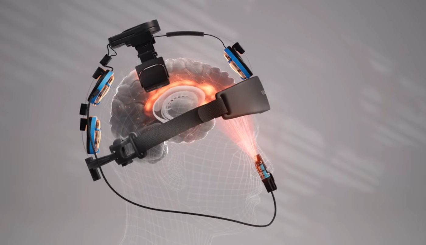 Diagram of a headset sending near-infrared light through the scalp and from a nasal applicator