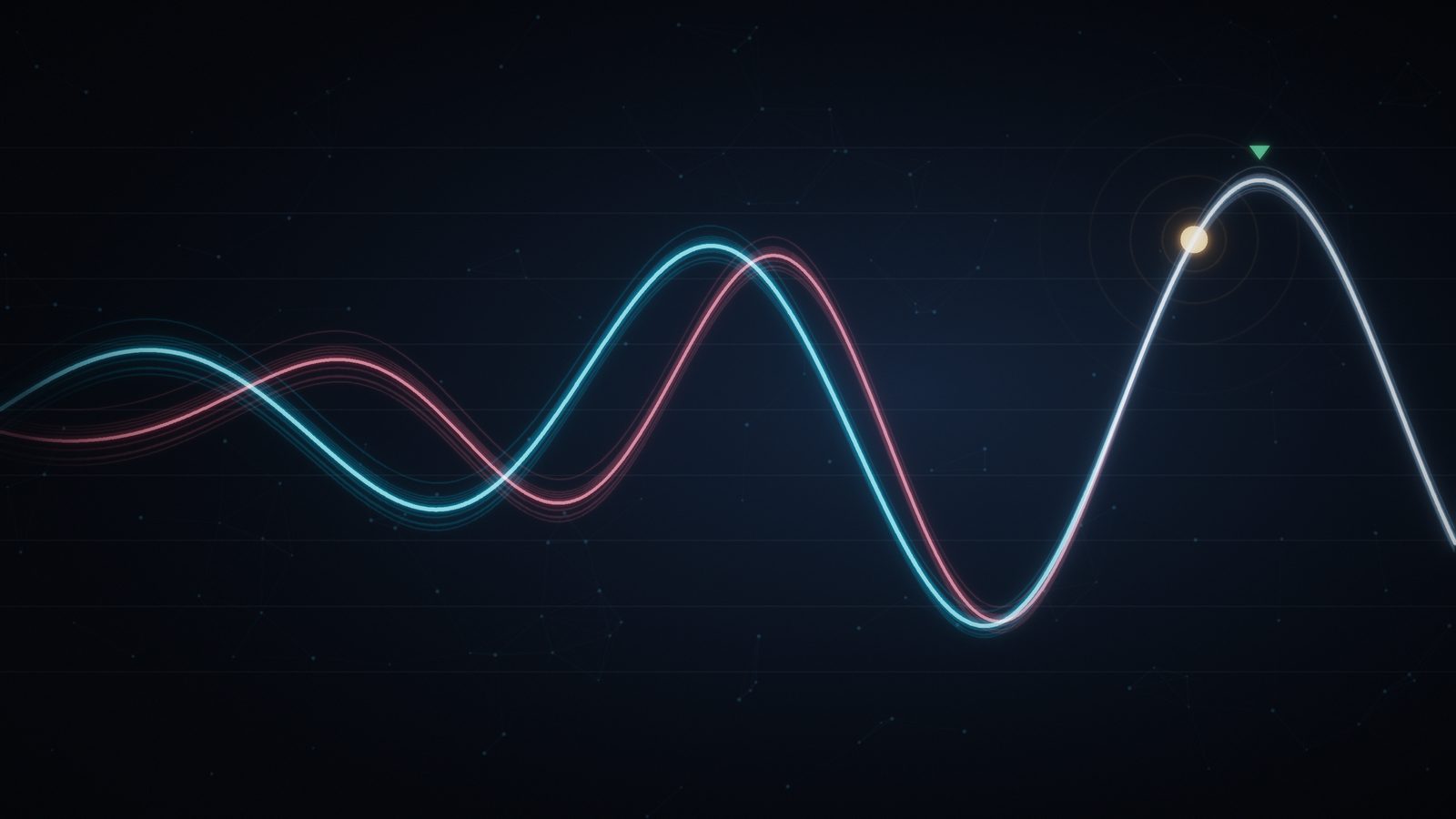A blue breathing wave and a pink heart-rate wave moving into step, with an orange pacer dot at the peak