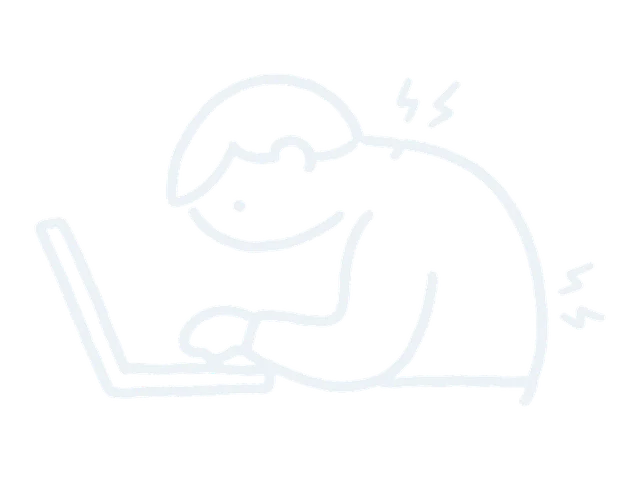 Line drawing of a hunched person with a stiff back working at a laptop