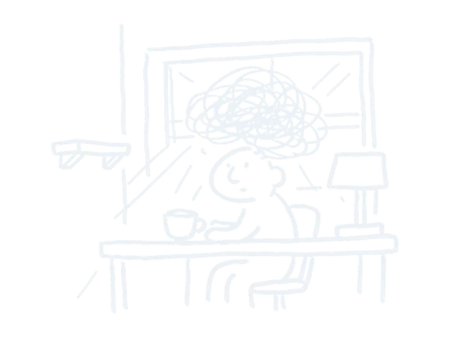 Line drawing of a leader at a desk with a clouded head, the morning brain fog