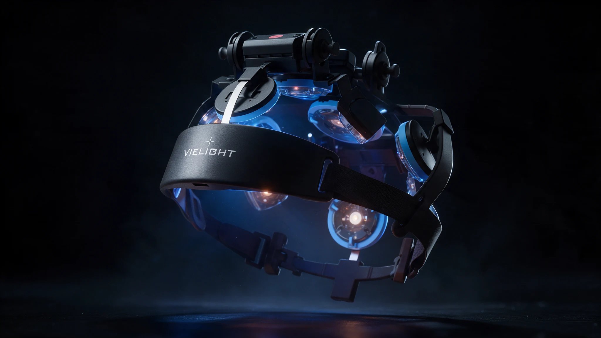 The same headset from a three-quarter angle, showing the transcranial modules and the controller.