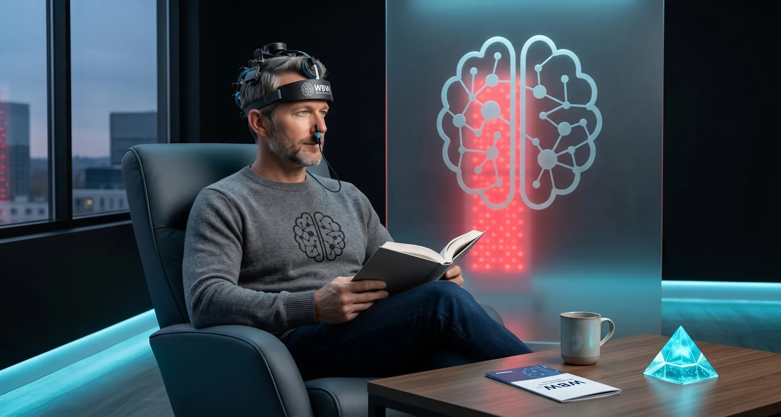 Wellbeing Beyond Wellness (WBW) Private Recovery Suite featuring a member using the Neuro Duo 4 headset during an active 20-minute session.